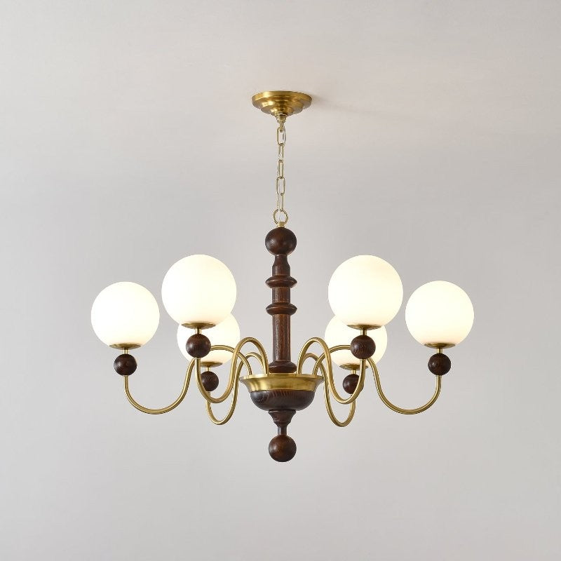 Curved Gold & Walnut Glass Globe Chandelier