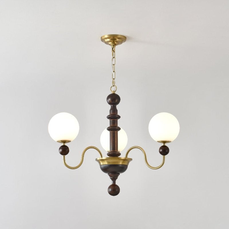 Curved Gold & Walnut Glass Globe Chandelier