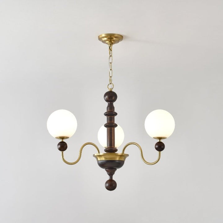 Curved Gold & Walnut Glass Globe Chandelier