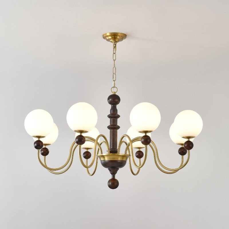 Curved Gold & Walnut Glass Globe Chandelier