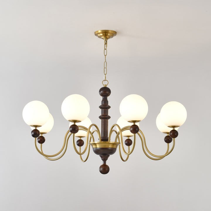Curved Gold & Walnut Glass Globe Chandelier
