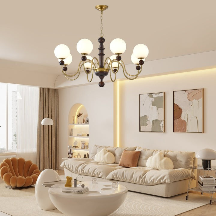 Curved Gold & Walnut Glass Globe Chandelier