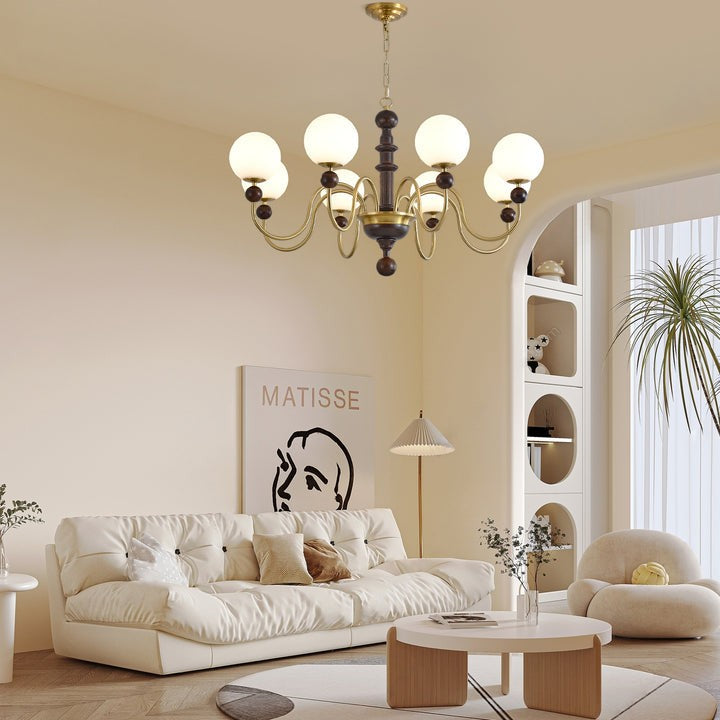 Curved Gold & Walnut Glass Globe Chandelier