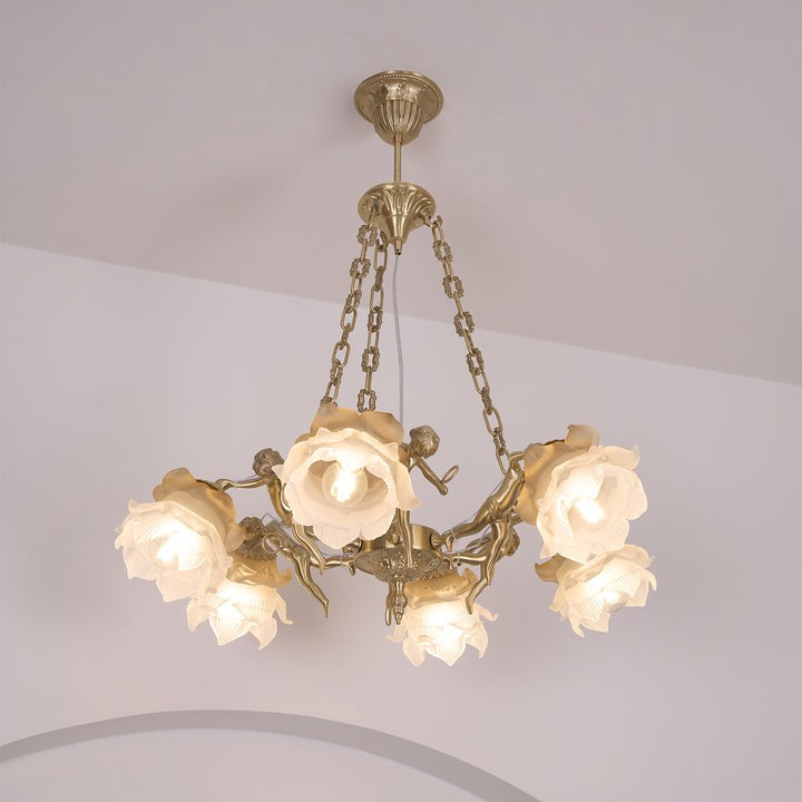 Renaissance Brass Pendant Light with Cupid Statuettes