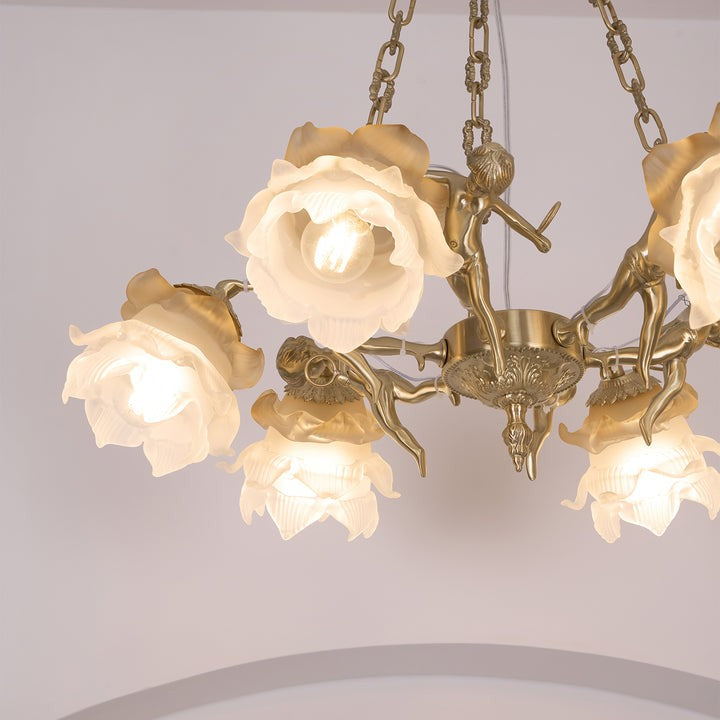 Renaissance Brass Pendant Light with Cupid Statuettes