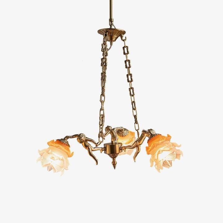 Renaissance Brass Pendant Light with Cupid Statuettes