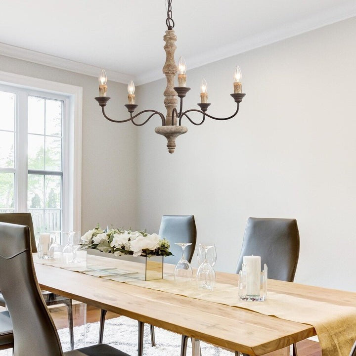 Rustic 5-Light Farmhouse Candlestick Chandelier - Distressed Wood & Metal