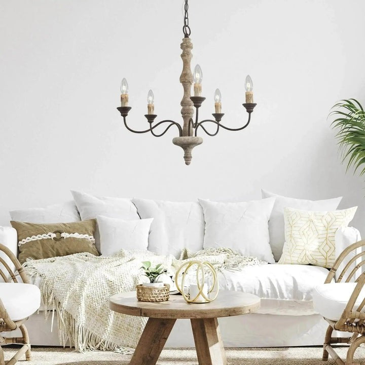 Rustic 5-Light Farmhouse Candlestick Chandelier - Distressed Wood & Metal