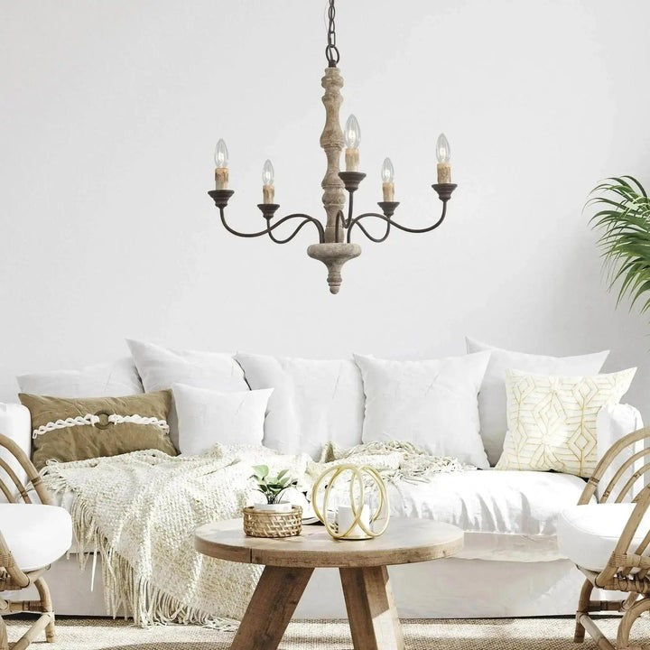 Rustic 5-Light Farmhouse Candlestick Chandelier - Distressed Wood & Metal