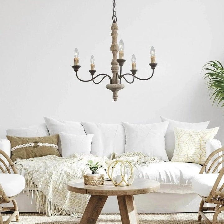 Rustic 5-Light Farmhouse Candlestick Chandelier - Distressed Wood & Metal