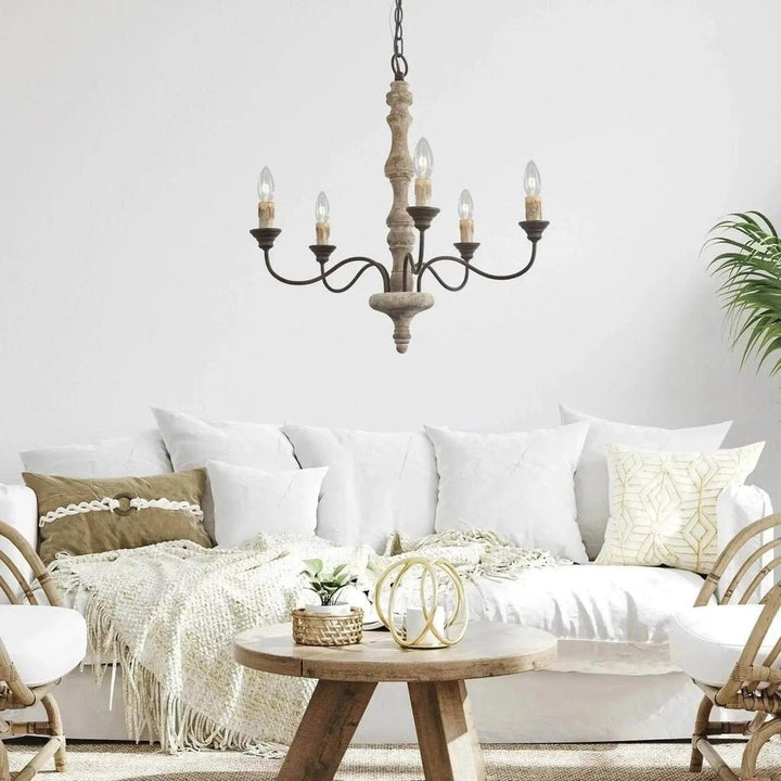 Rustic 5-Light Farmhouse Candlestick Chandelier - Distressed Wood & Metal