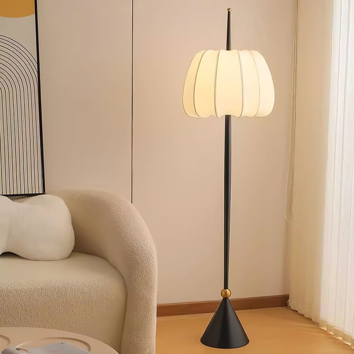 Scalloped Fabric Shade Floor Lamp with Black Metal Stem & Gold Accent