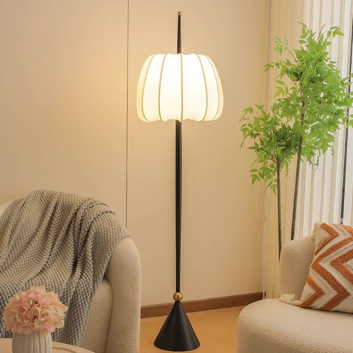 Scalloped Fabric Shade Floor Lamp with Black Metal Stem & Gold Accent