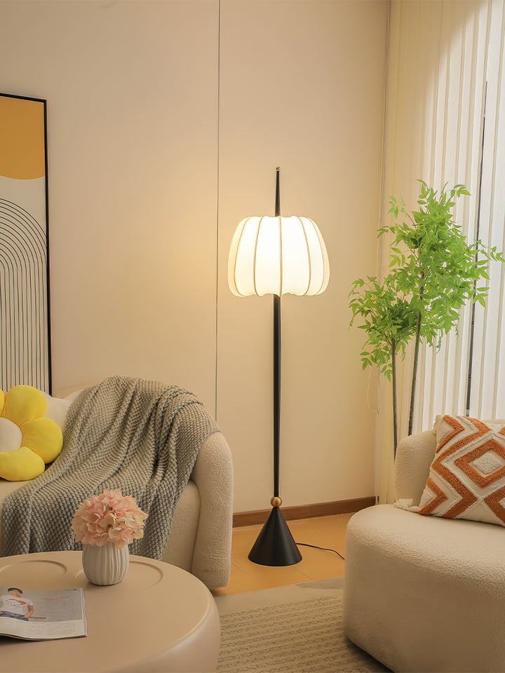 Scalloped Fabric Shade Floor Lamp with Black Metal Stem & Gold Accent