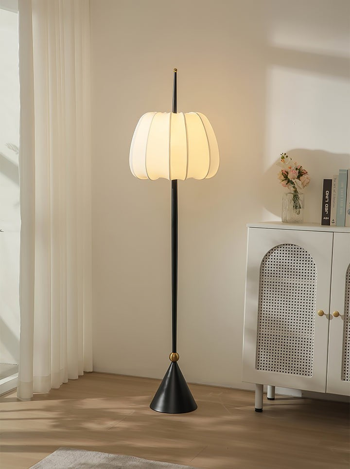 Scalloped Fabric Shade Floor Lamp with Black Metal Stem & Gold Accent