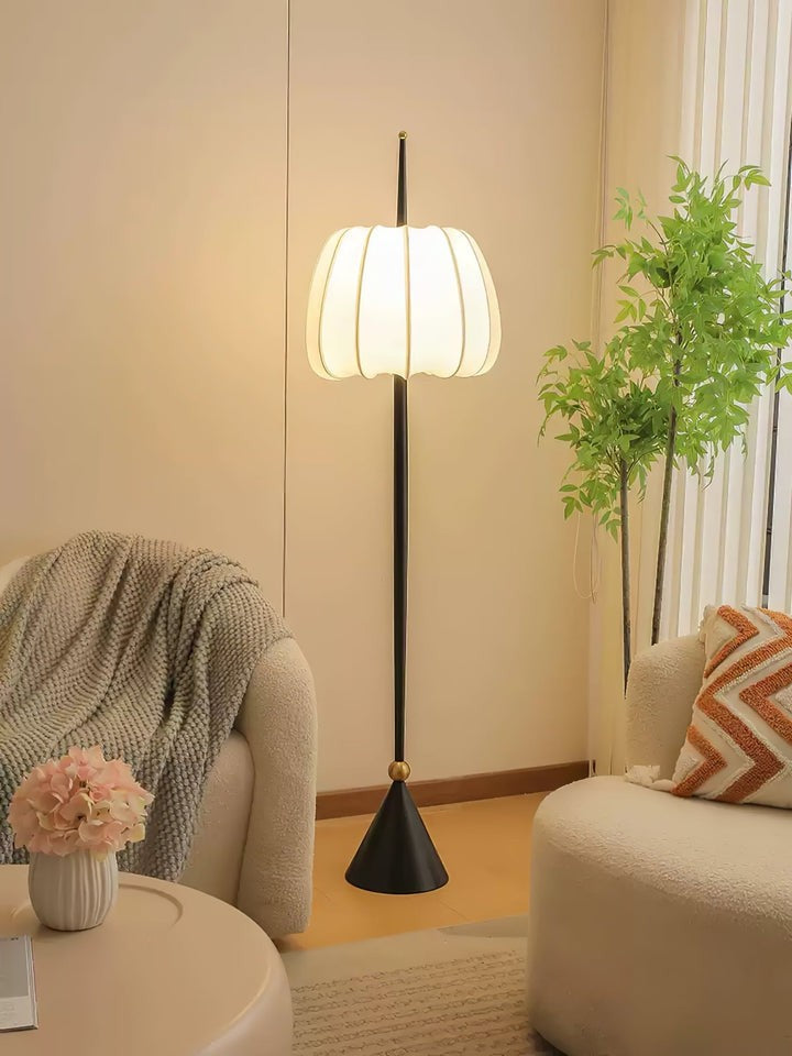 Scalloped Fabric Shade Floor Lamp with Black Metal Stem & Gold Accent
