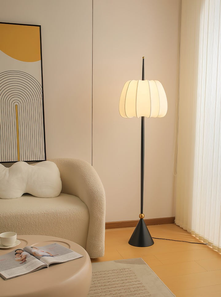 Scalloped Fabric Shade Floor Lamp with Black Metal Stem & Gold Accent
