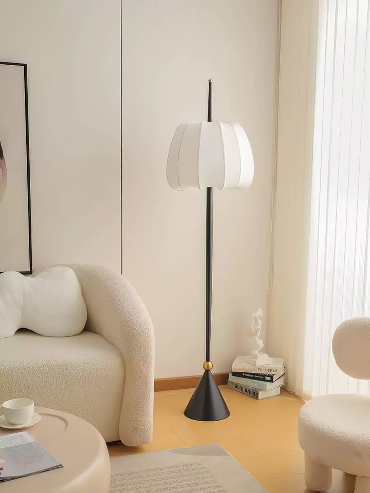 Scalloped Fabric Shade Floor Lamp with Black Metal Stem & Gold Accent