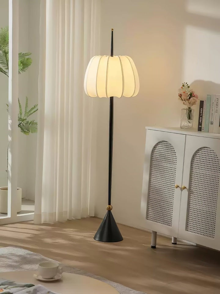 Scalloped Fabric Shade Floor Lamp with Black Metal Stem & Gold Accent