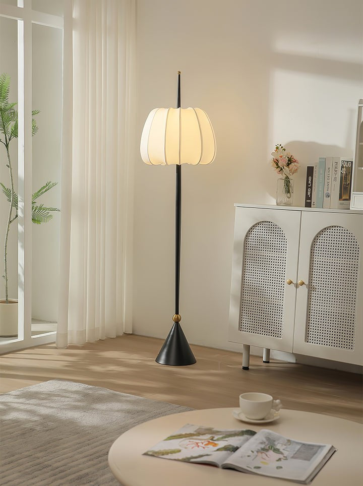 Scalloped Fabric Shade Floor Lamp with Black Metal Stem & Gold Accent