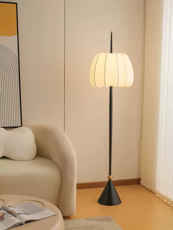 Scalloped Fabric Shade Floor Lamp with Black Metal Stem & Gold Accent