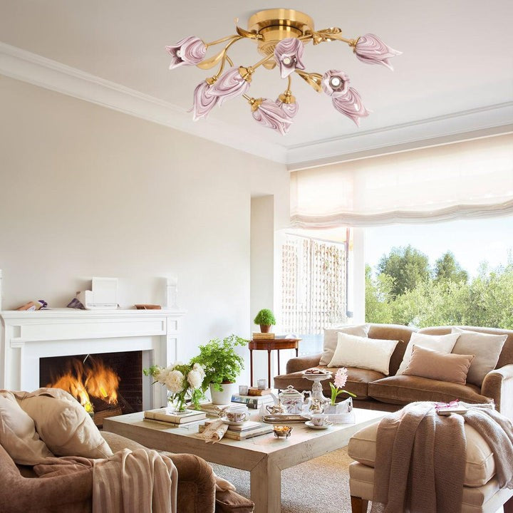 Tulip Glass Flower Ceiling Light with Gold Finish