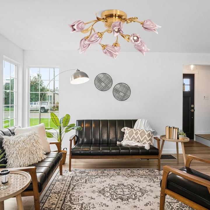 Tulip Glass Flower Ceiling Light with Gold Finish