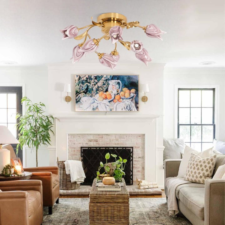 Tulip Glass Flower Ceiling Light with Gold Finish