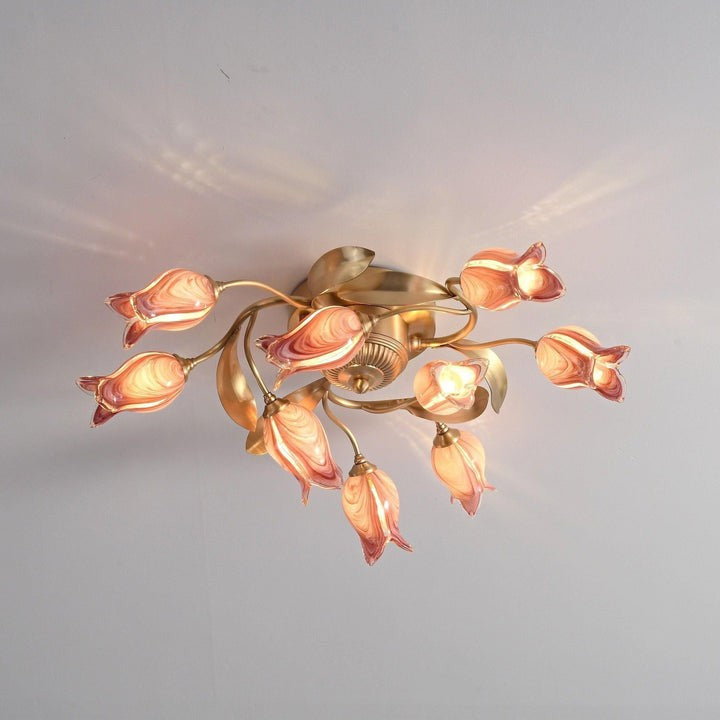 Tulip Glass Flower Ceiling Light with Gold Finish
