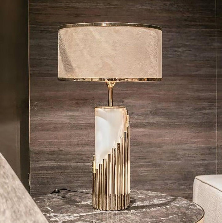 Minimalist White Marble Table Lamp with Gold Brass Accents